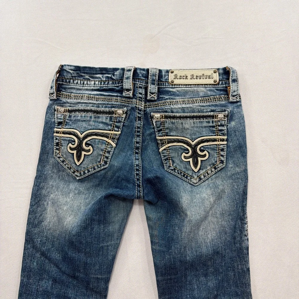 Rock Revival Jeans Sun Boot Distressed Embroidered Blue Women Size 26